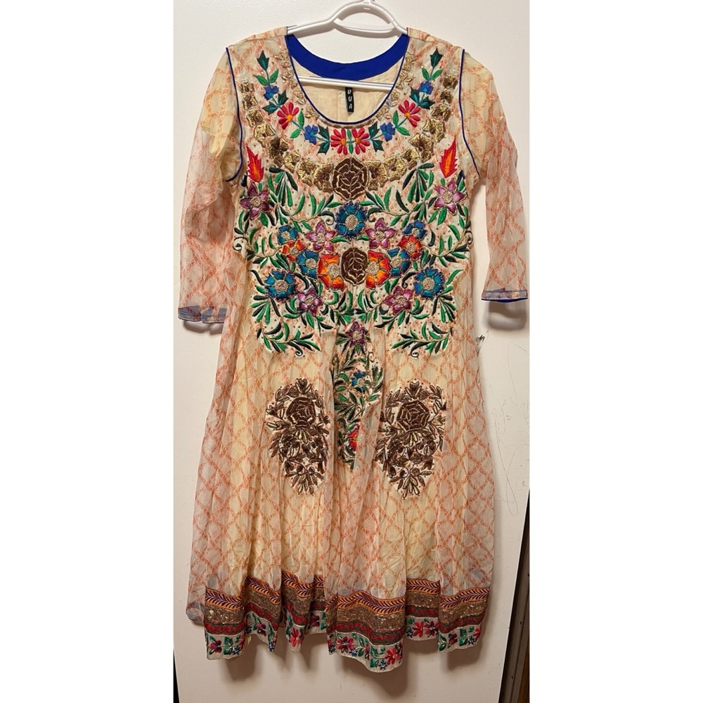 Indian Pakistani Embroidered Floral Long Sleeve Cream Dress